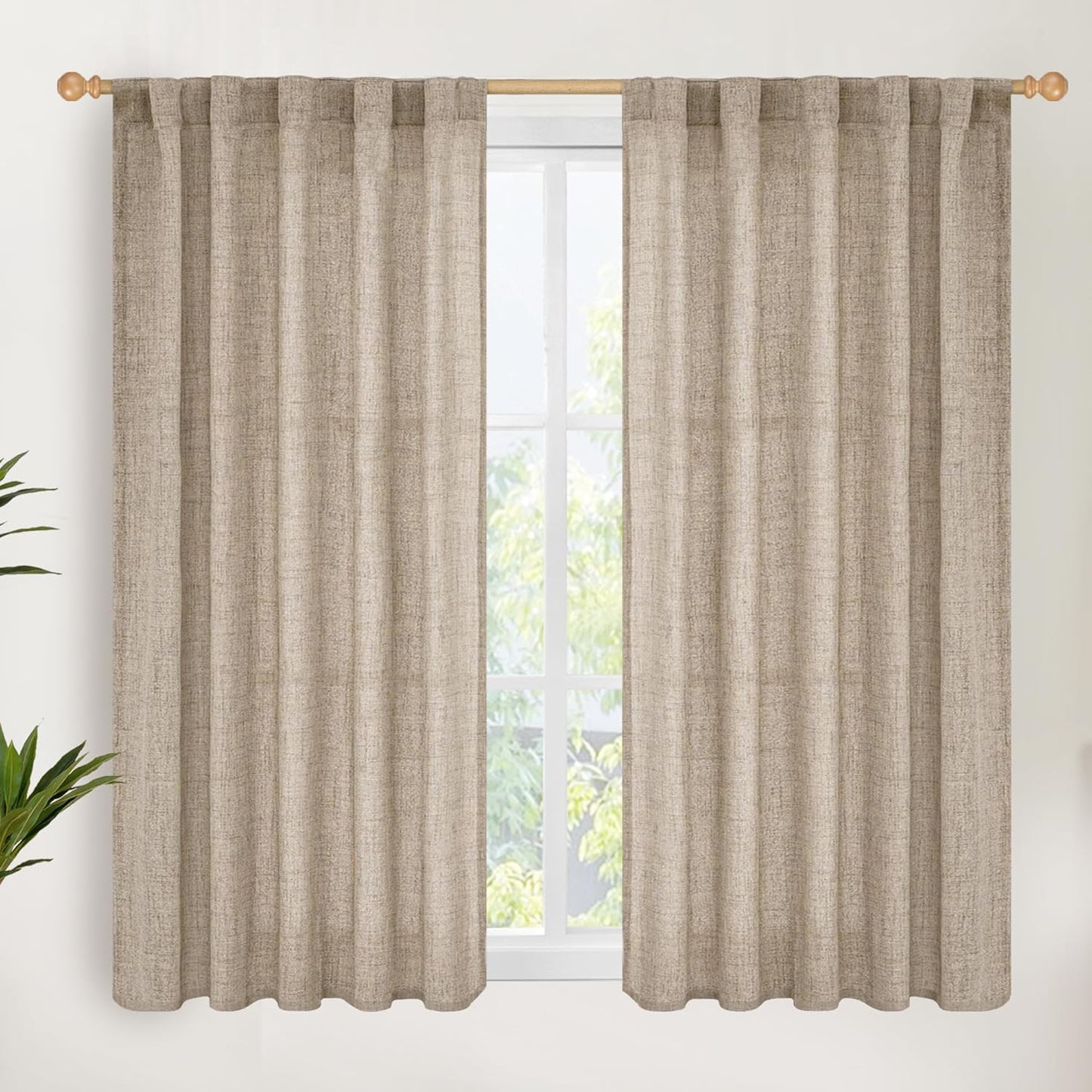 YoungsTex Dark Oatmeal Linen Curtains 45 Inch Length for Short Window, Tan Semi Sheer Drapes with