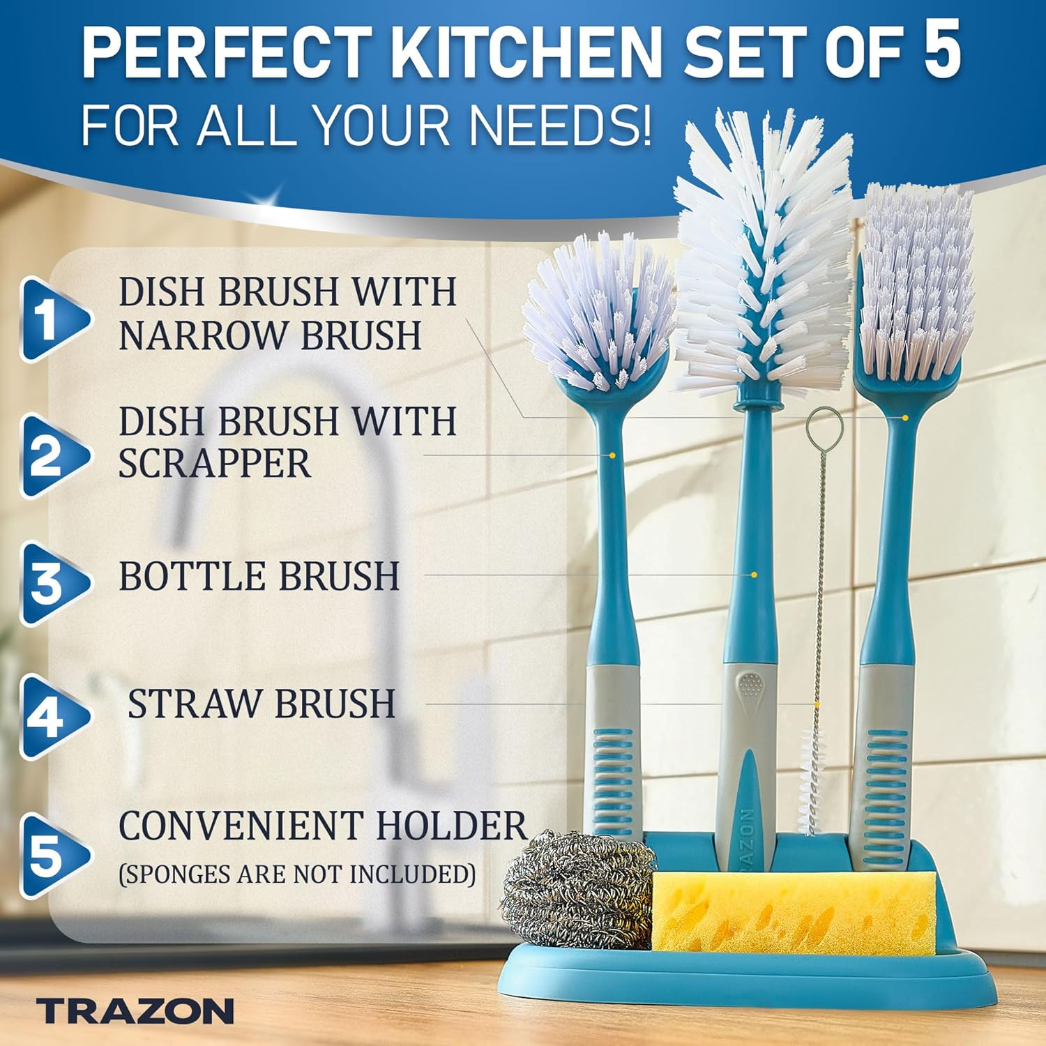 Dish Brush Set of 5 with Convenient Holder, Bottle Water Brush, Dish Scrub Brush, Scrubber Brush