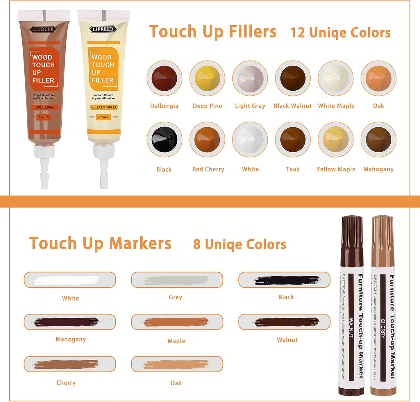 Lifreer Wood Furniture Repair Kit - 40 Pcs Wood Filler, Touch Up Markers with Wax Sticks - for Wood
