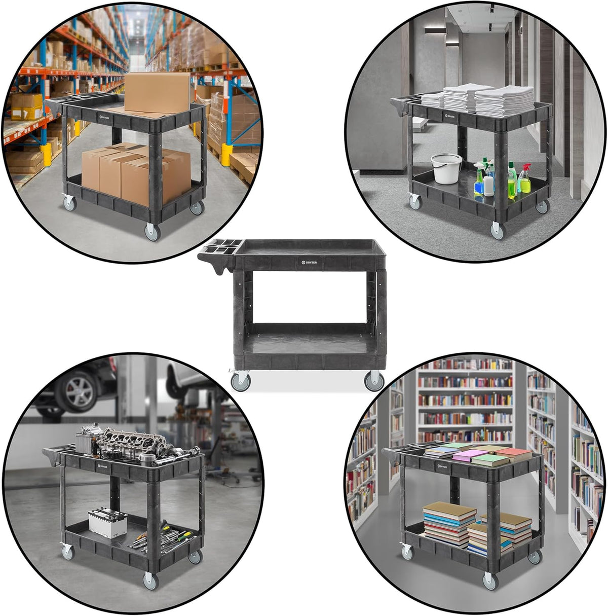 Dryser Utility Cart with Wheels, 46" x 25" Heavy Duty 550 lb. Capacity with Shelves - 2 Tier