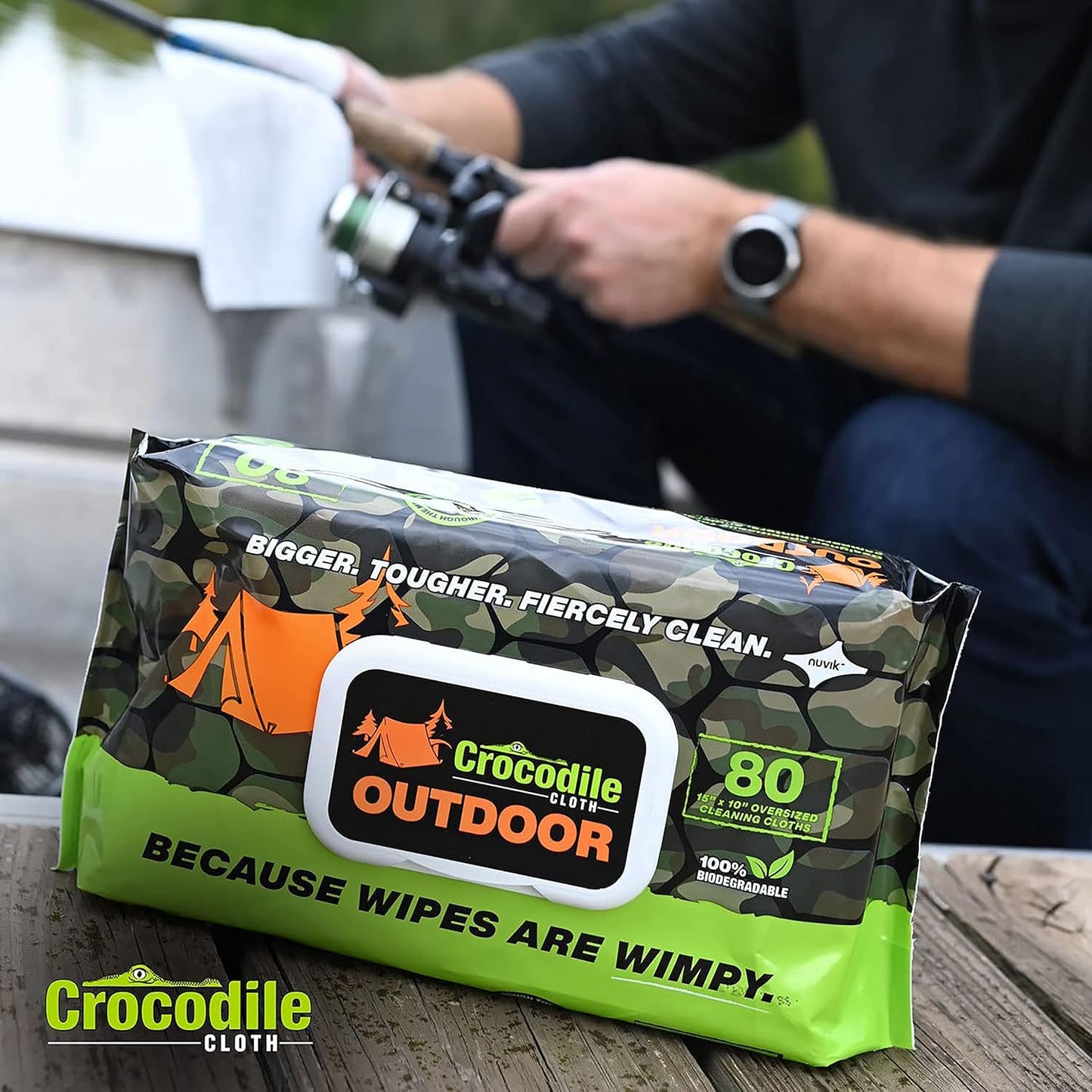 Crocodile Cloth Outdoor Cleaning Wipes – 80 Count Plant-Based Cloths (15"x10"), Skin Safe