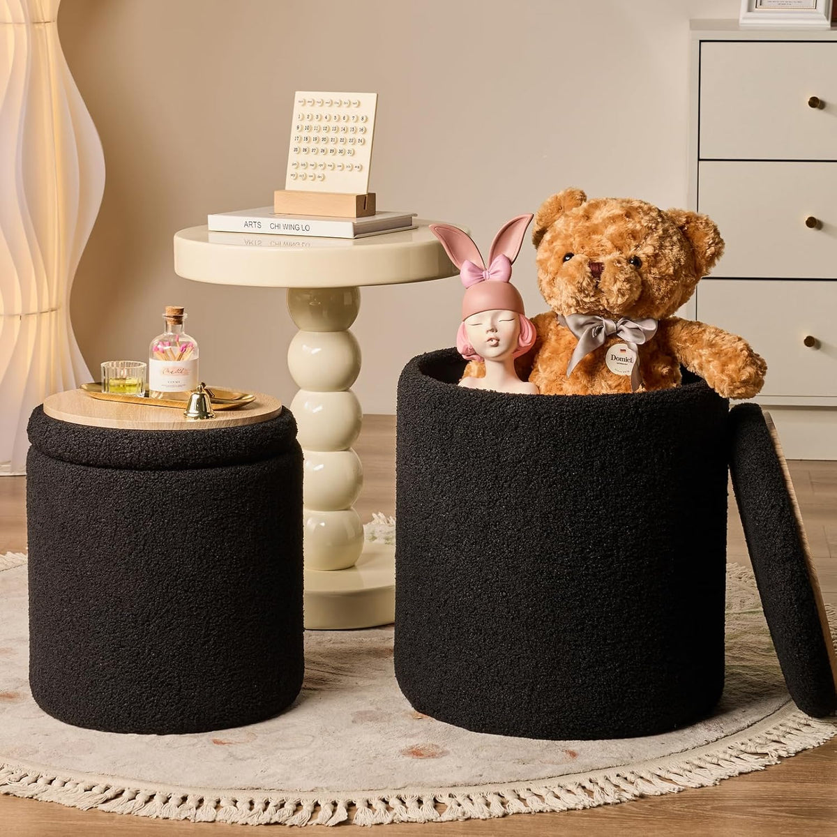 Round Ottoman with Storage Set of 2-Upholstered Sherpa Vanity Stool for Makeup Multifunctional