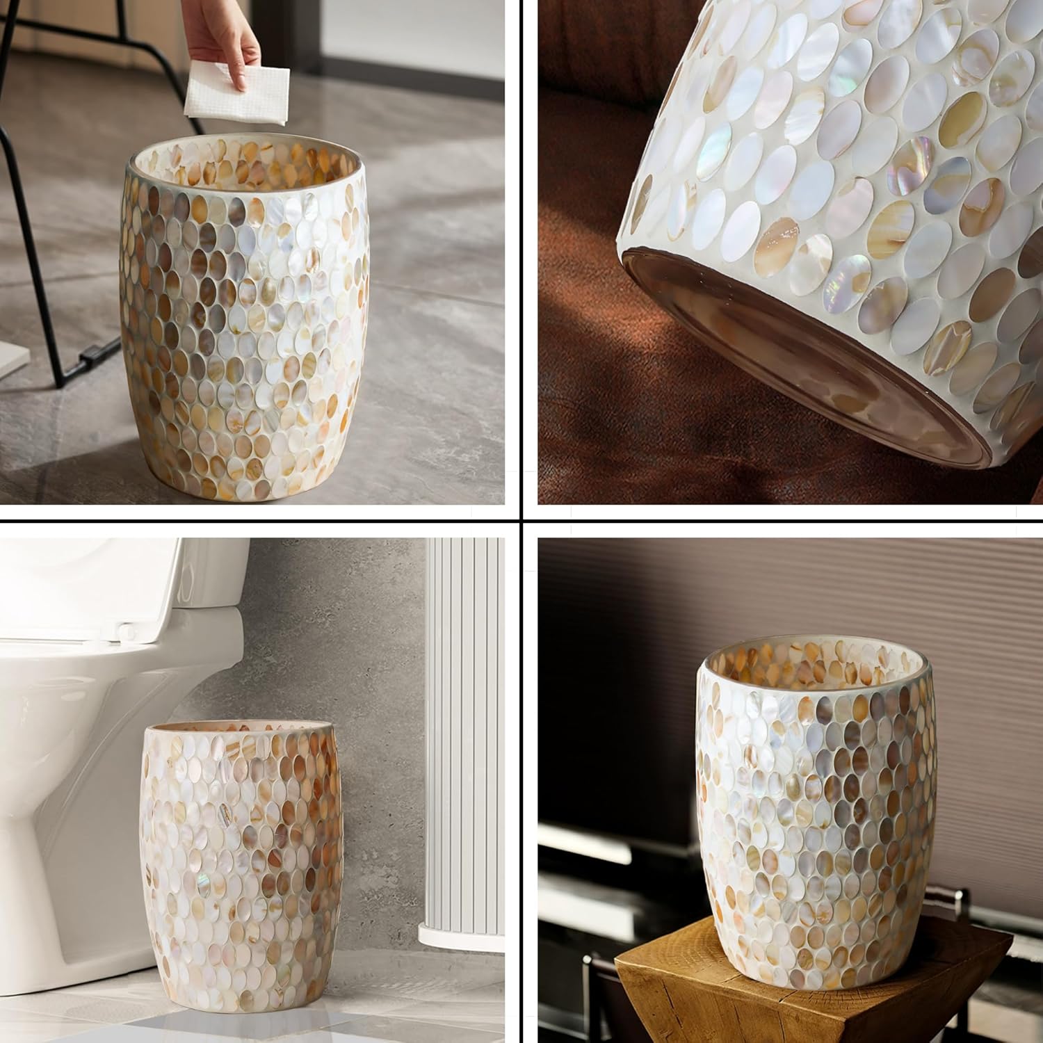 Escenzy Natural Shell Bathroom Trash Can Mosaic Glass 5L | Decorative Small Garbage Can | 7" x 10"