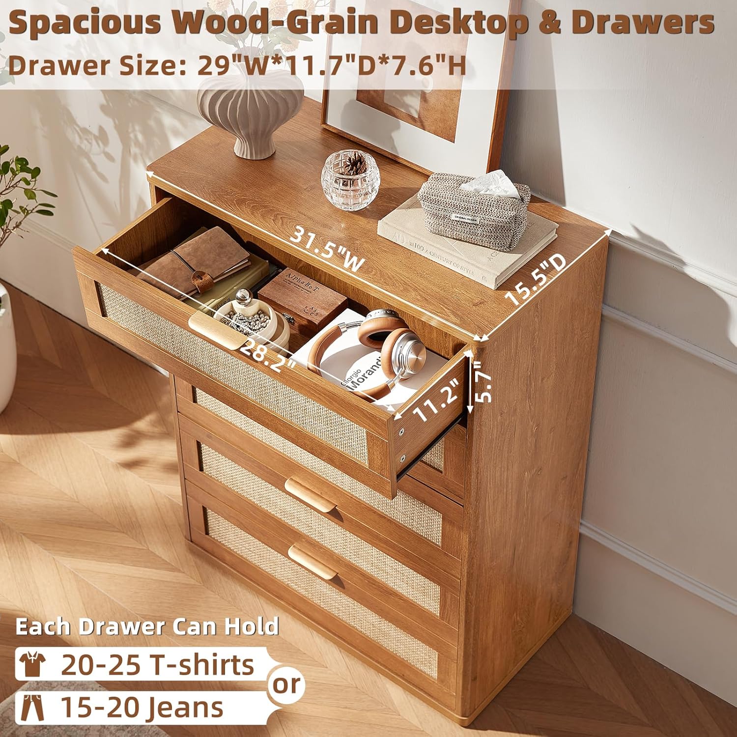 LEYAOYAO Dresser for Bedroom, 41" Tall Chest of Drawers, Modern 5 Drawers Boho Rattan Dressers with