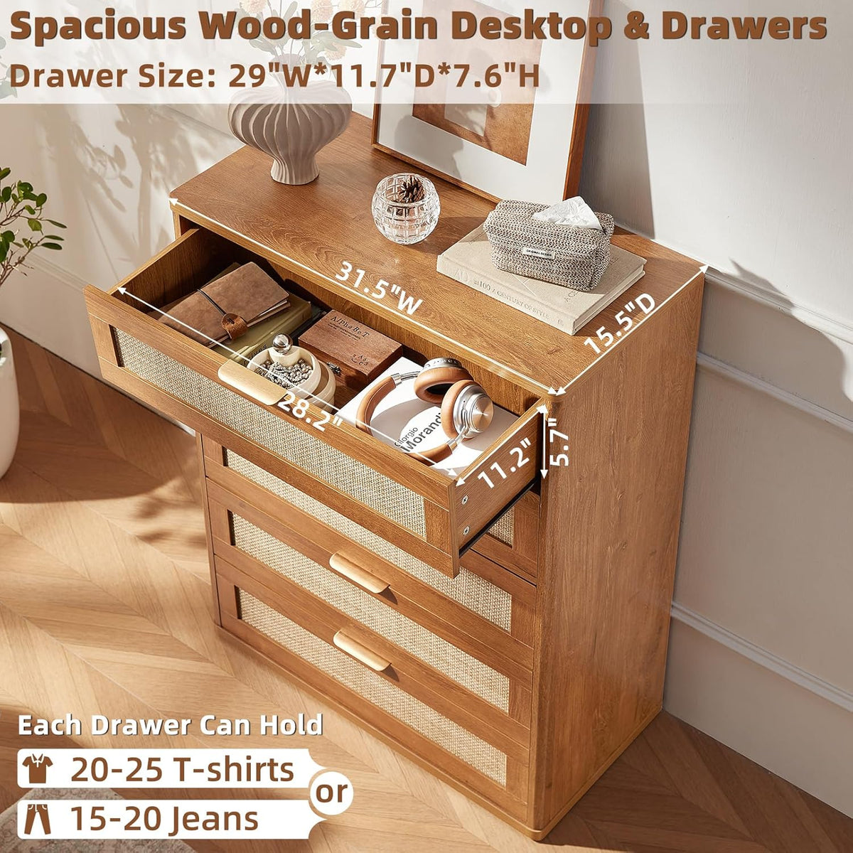 LEYAOYAO Rattan Dresser for Bedroom Set 2, 41" Tall Chest of Drawers, Modern 5 Drawers Boho