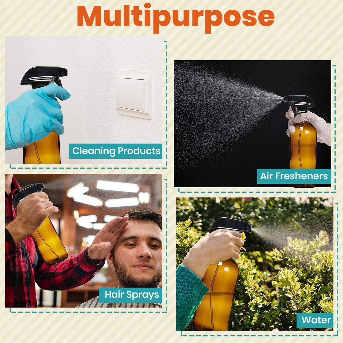 Amber Glass Spray Bottles For Cleaning Solutions (4 Pack) - 16 Ounce, Refillable Sprayer for