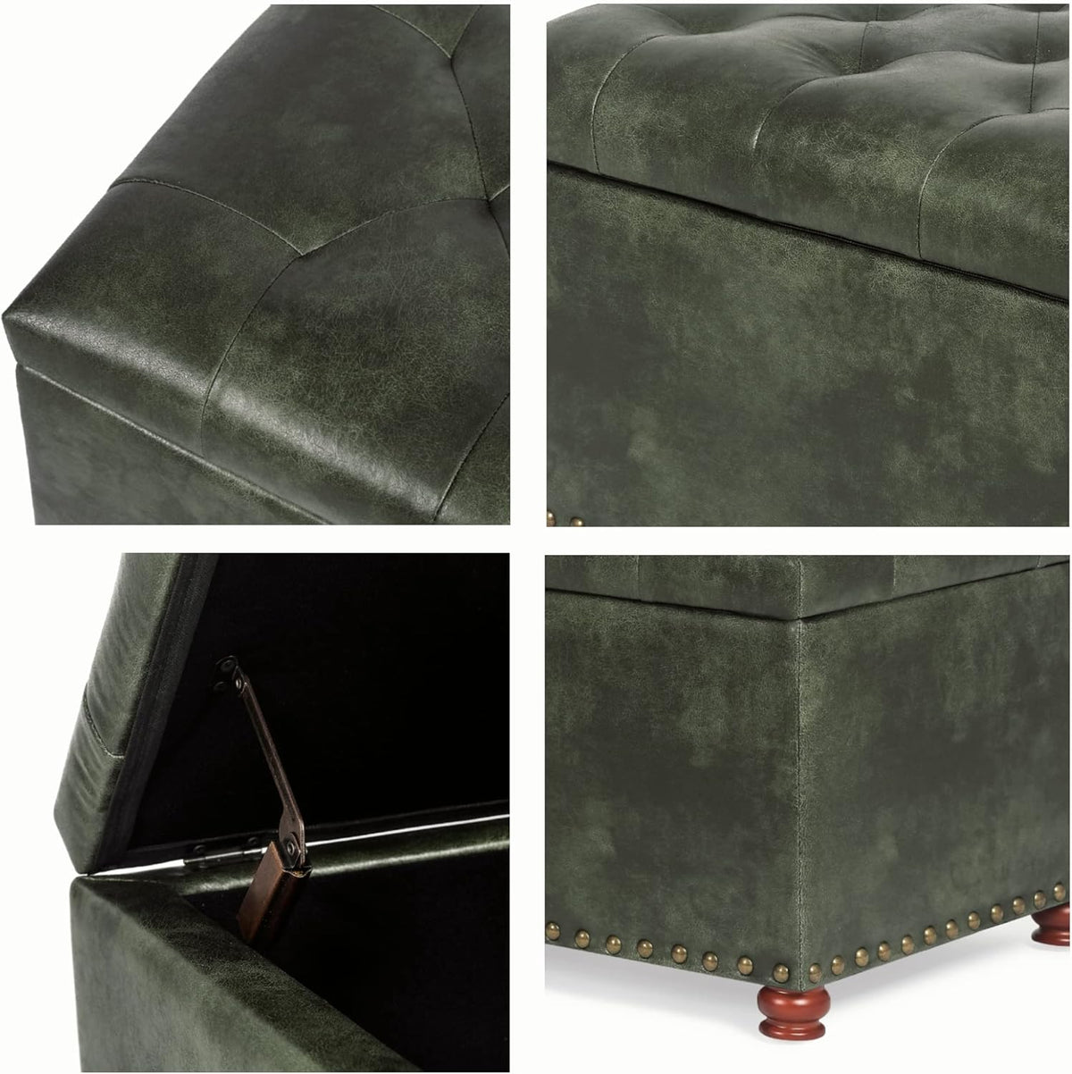 24'' Leather Ottoman with Storage Rectangle Foot Rest Ottomans Stool for Living Room(Green,Leather