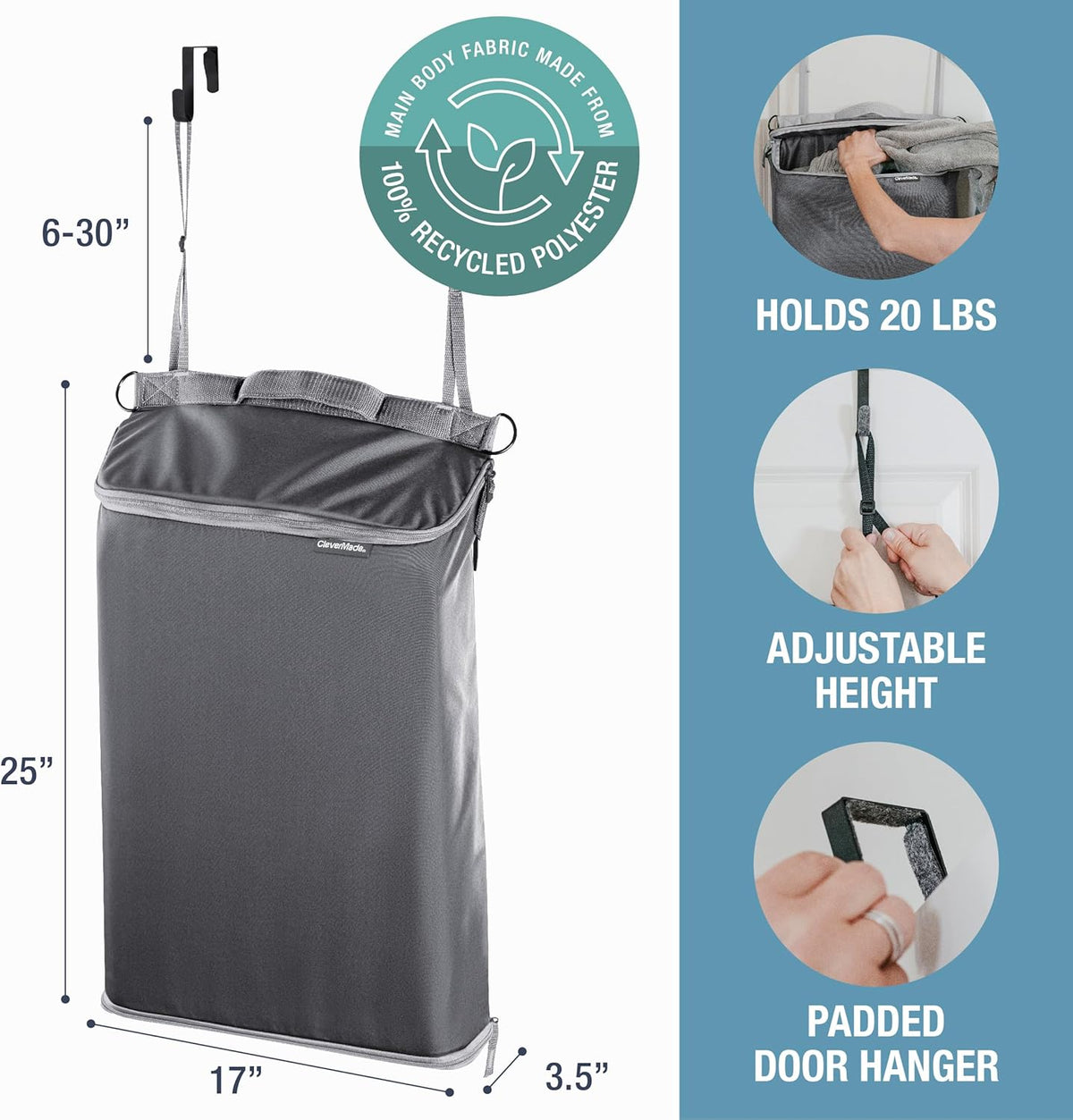 CleverMade Convertible Laundry Hamper Bag - Shadow Gray Stone holds 21.5L / 20 lbs 1 Compartment