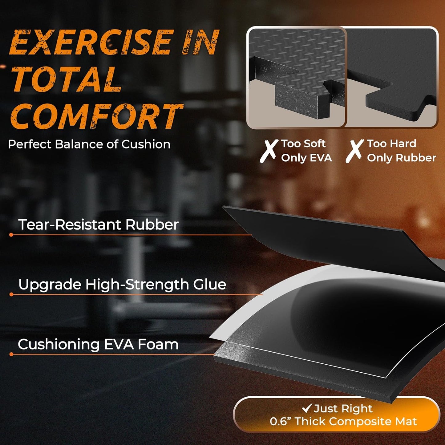 PRAISUN 0.6" Thicker Gym Mat, 12 Tiles 48 Sq Ft Workout Mats, Interlocking Foam Tiles with Rubber