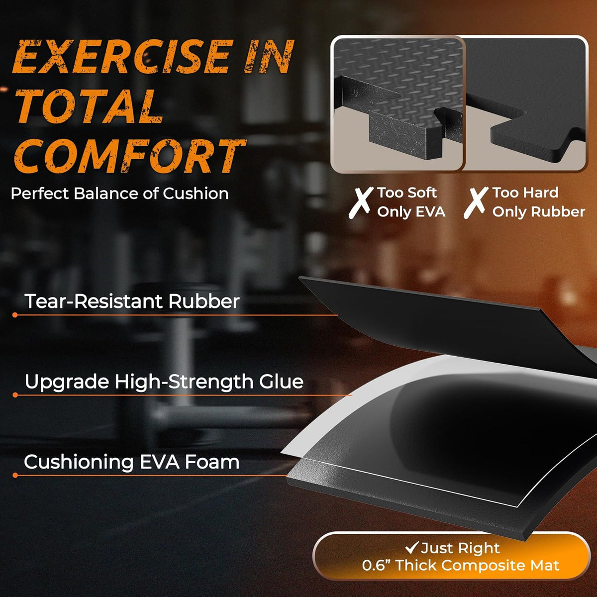 PRAISUN 0.6" Thicker Gym Mat, 12 Tiles 48 Sq Ft Workout Mats, Interlocking Foam Tiles with Rubber