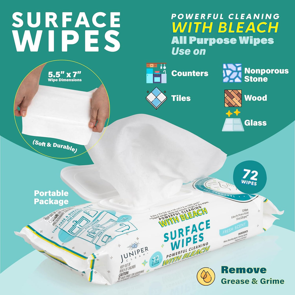 24 Pack Surface Cleaning Wipes with Bleach, All-Purpose Cleaner for Bathroom, Kitchen, Office, 1728