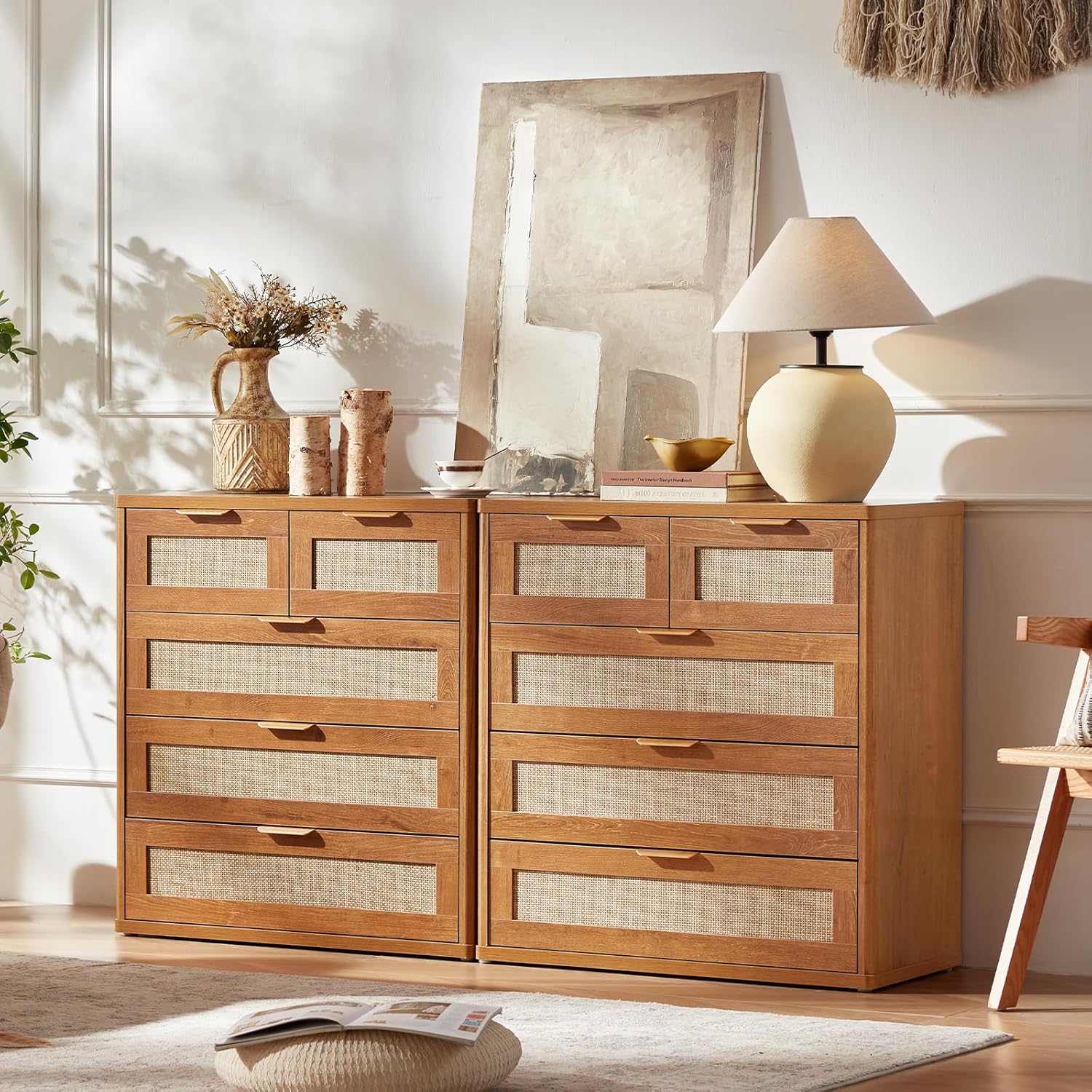 LEYAOYAO Rattan Dresser for Bedroom, 33.5" Tall Chest of Drawers, Modern 5 Drawers Boho Dressers