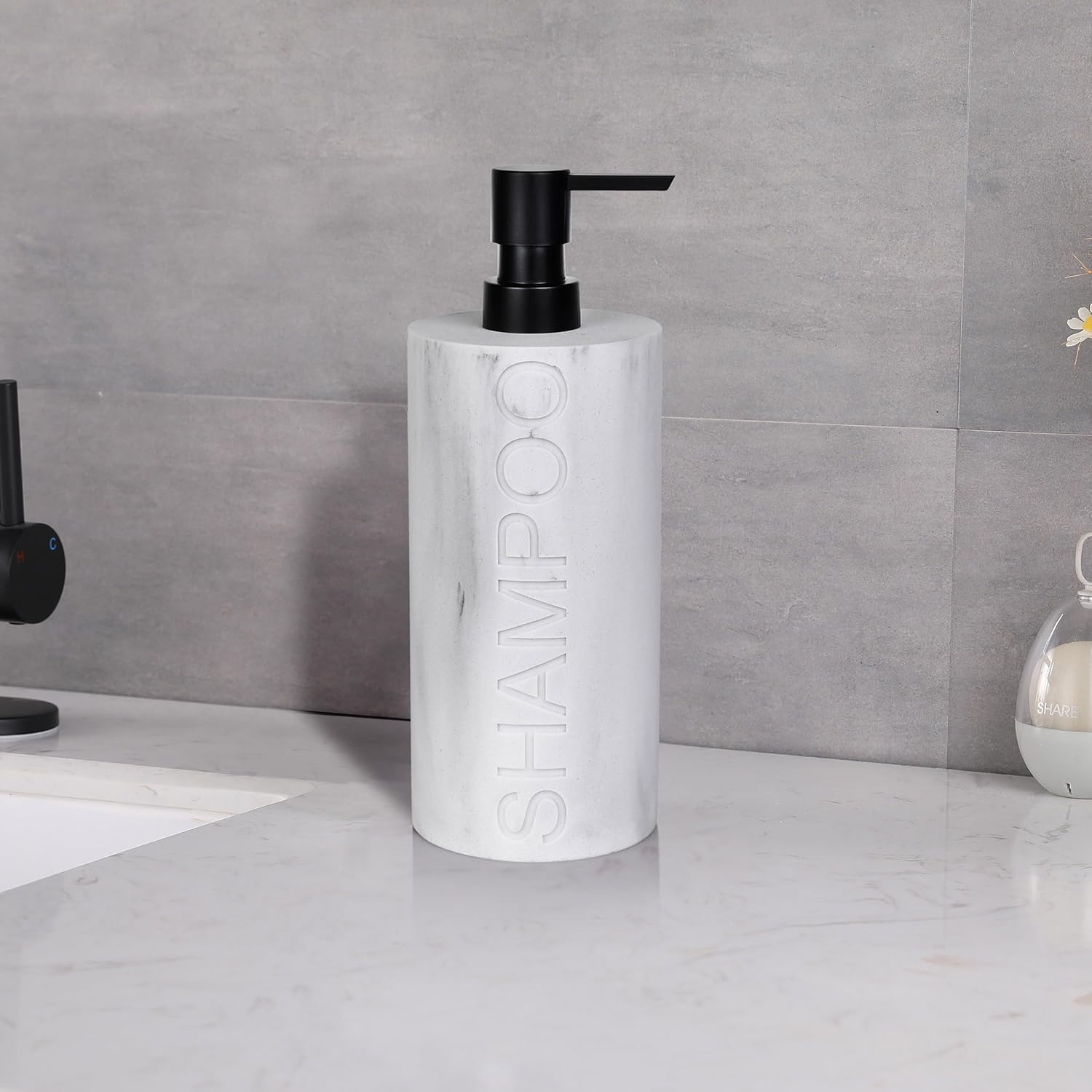Matte White Shampoo Dispenser Modern Refillable Pump Bottle with Embossed Text, Durable Resin