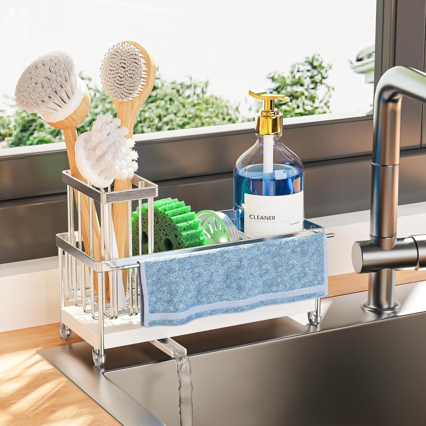 Cisily Stainless Steel Sponge Holder for Kitchen Sink with Towel Rack, Sink Caddy with Kitchen High