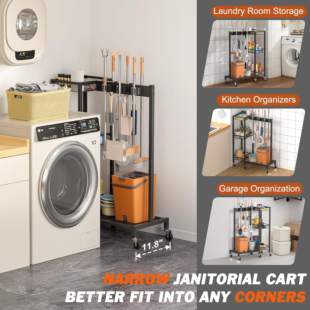 Broom Holder with Cleaning Supplies Organizer, Broom Closet Storage Cabinet with Cleaning Caddy