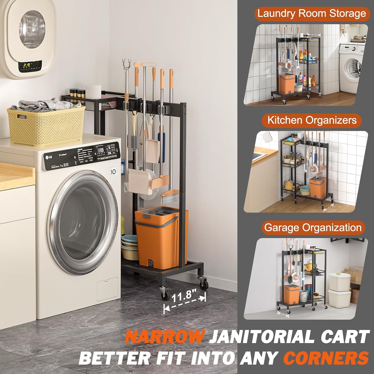Broom Holder with Cleaning Supplies Organizer, Broom Closet Storage Cabinet with Cleaning Caddy