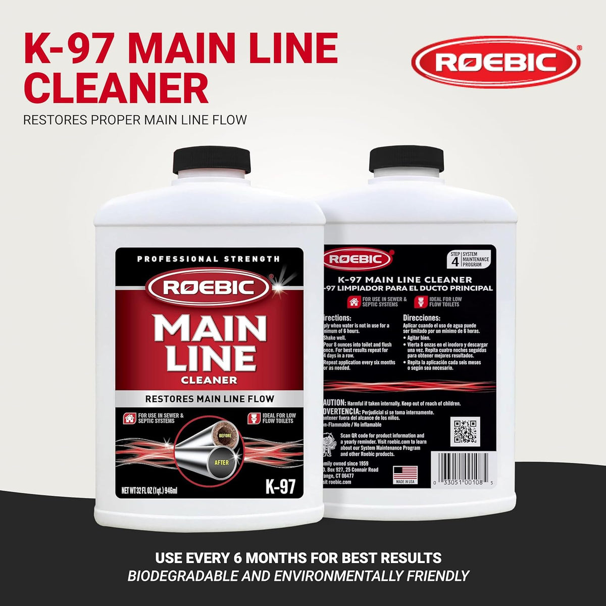 Roebic K-97 Liquid Main Line Cleaner with Bacteria Enzymes, Eliminates Organic Buildup in
