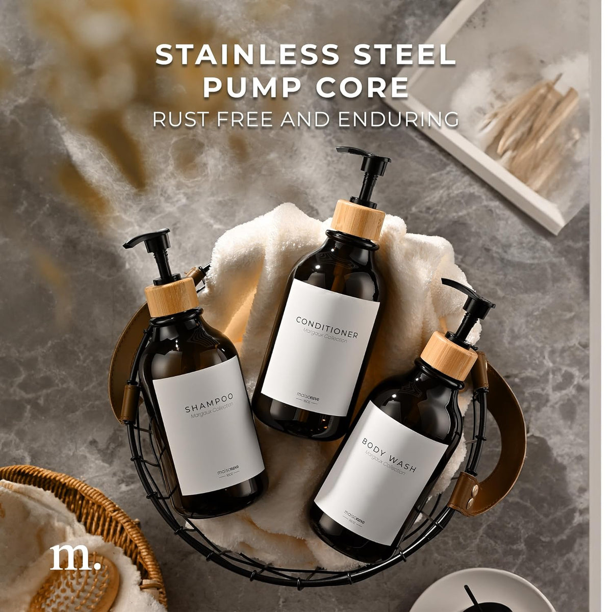MaisoNovo Refillable Shampoo and Conditioner Bottles | 16.9 fl oz Set of 3 Amber Plastic Bottles