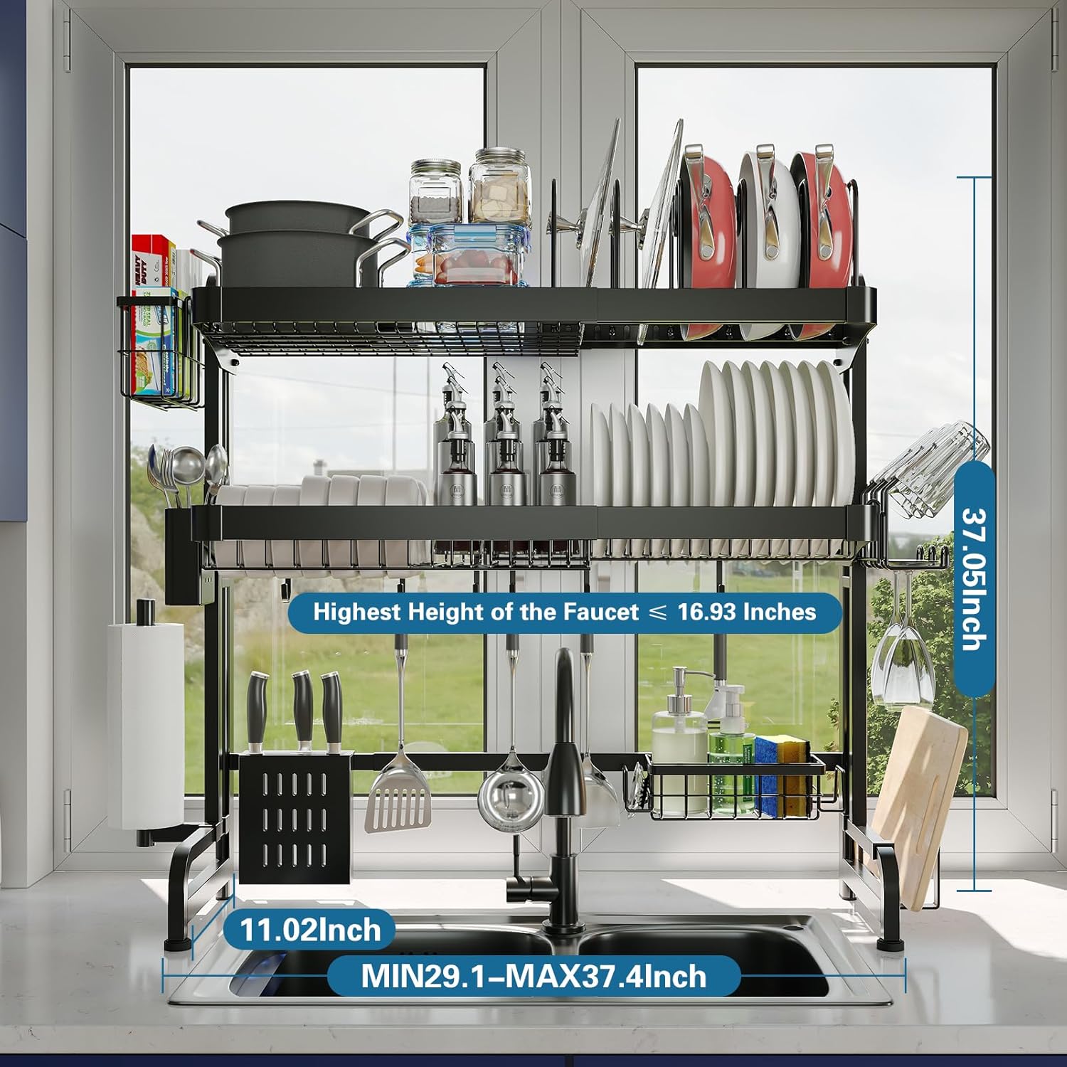 Over The Sink Dish Drying Rack,3 Tier Adjustable Length Full Stainless Steel Large Storage Kitchen
