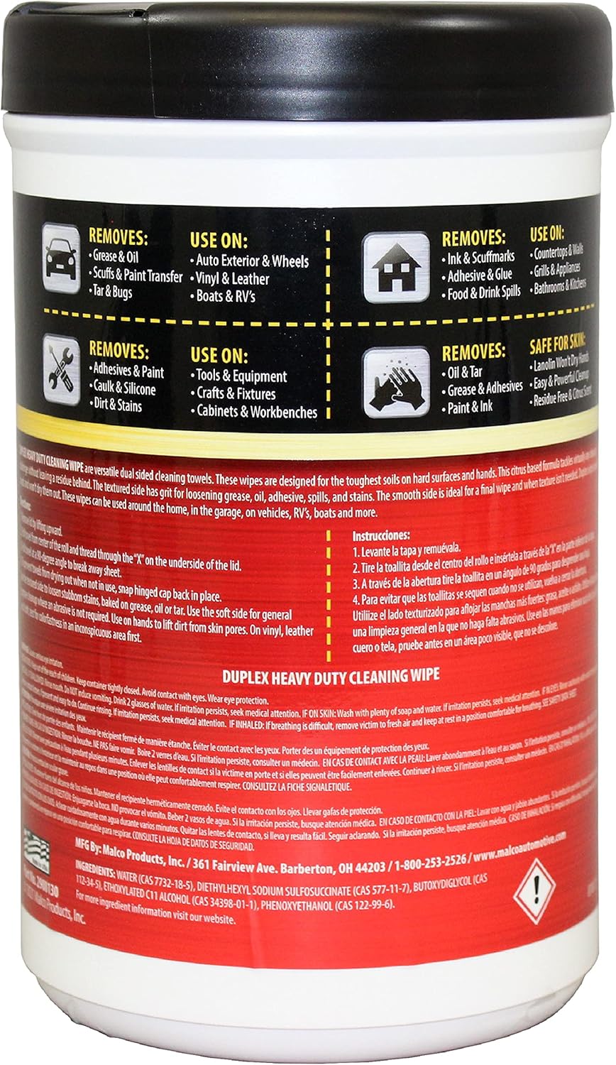 Malco Duplex Heavy Duty Cleaning Wipes for Home and Auto - Dual Sided Textured, Wet Wipe/Removes
