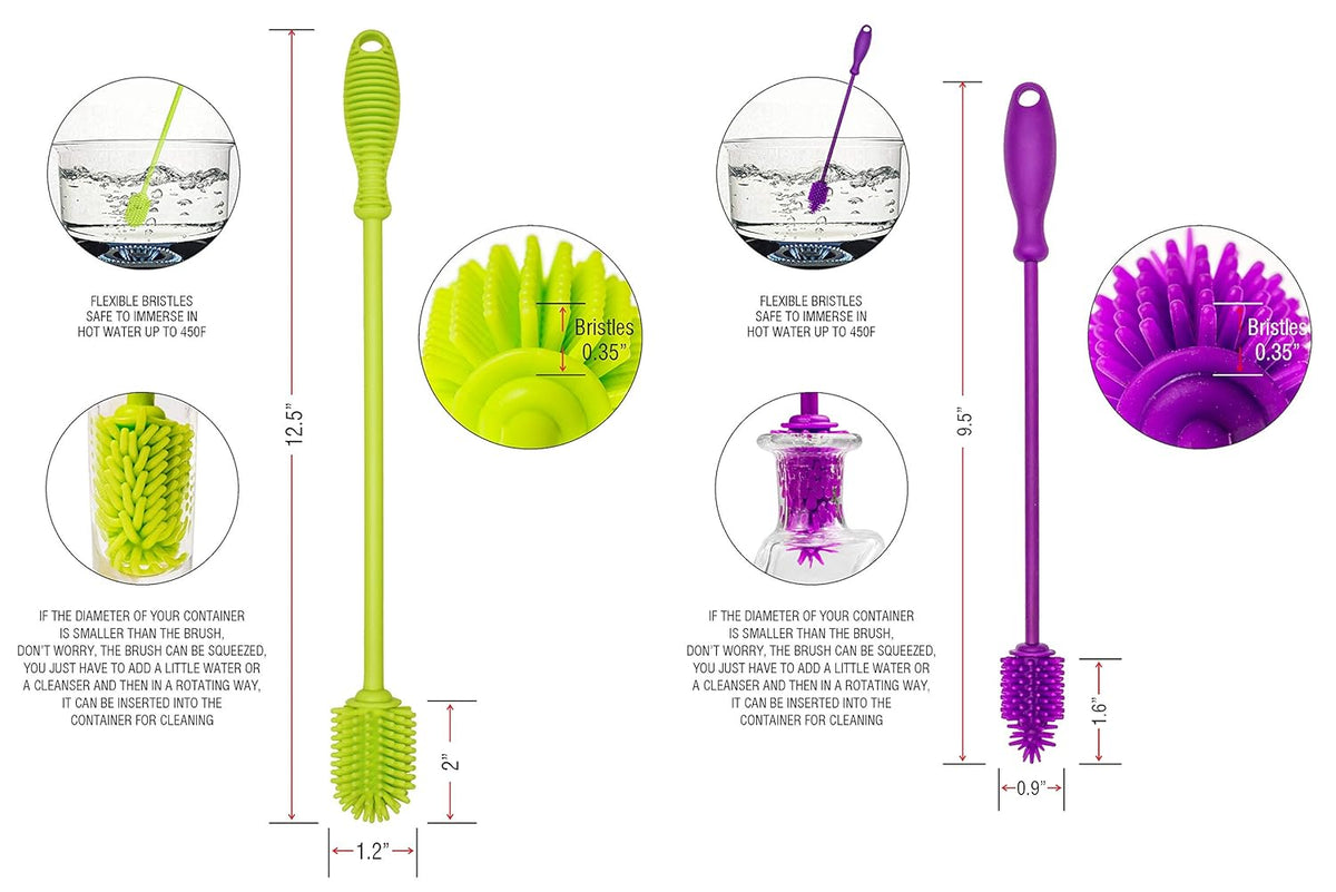 A-Brush Silicone Bottle Cleaner Brush, 2 Piece Set, Flexible, Long Handle - Water Bottle Cleaner