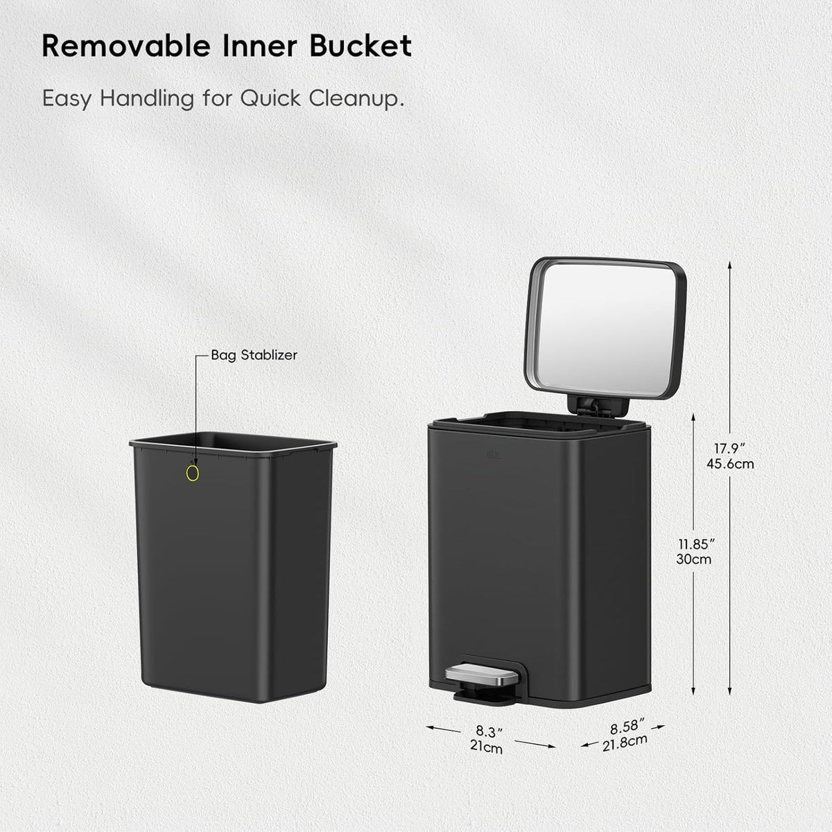 EKO Madison Matte Black 6L / 1.6 Gal Bathroom Trash Can with Lid and Removable Inner Basket