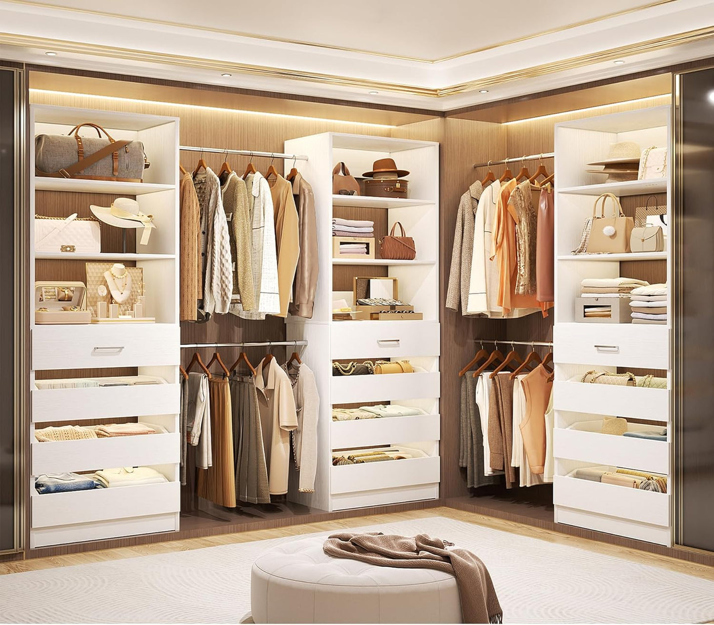Aheaplus Closet System with 12 Drawers, 8.5-11.5Ft Wood Closet Organizer System with 4 Hanging Rods