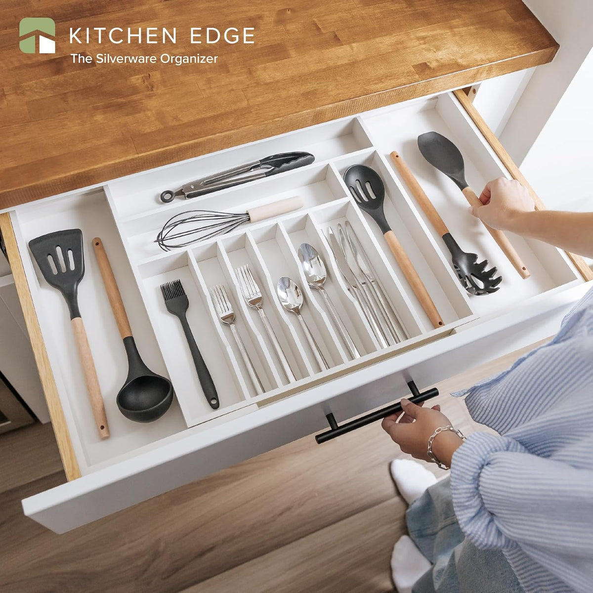 KitchenEdge Premium Silverware, Flatware and Utensil Organizer for Kitchen Drawers, Food-Safe