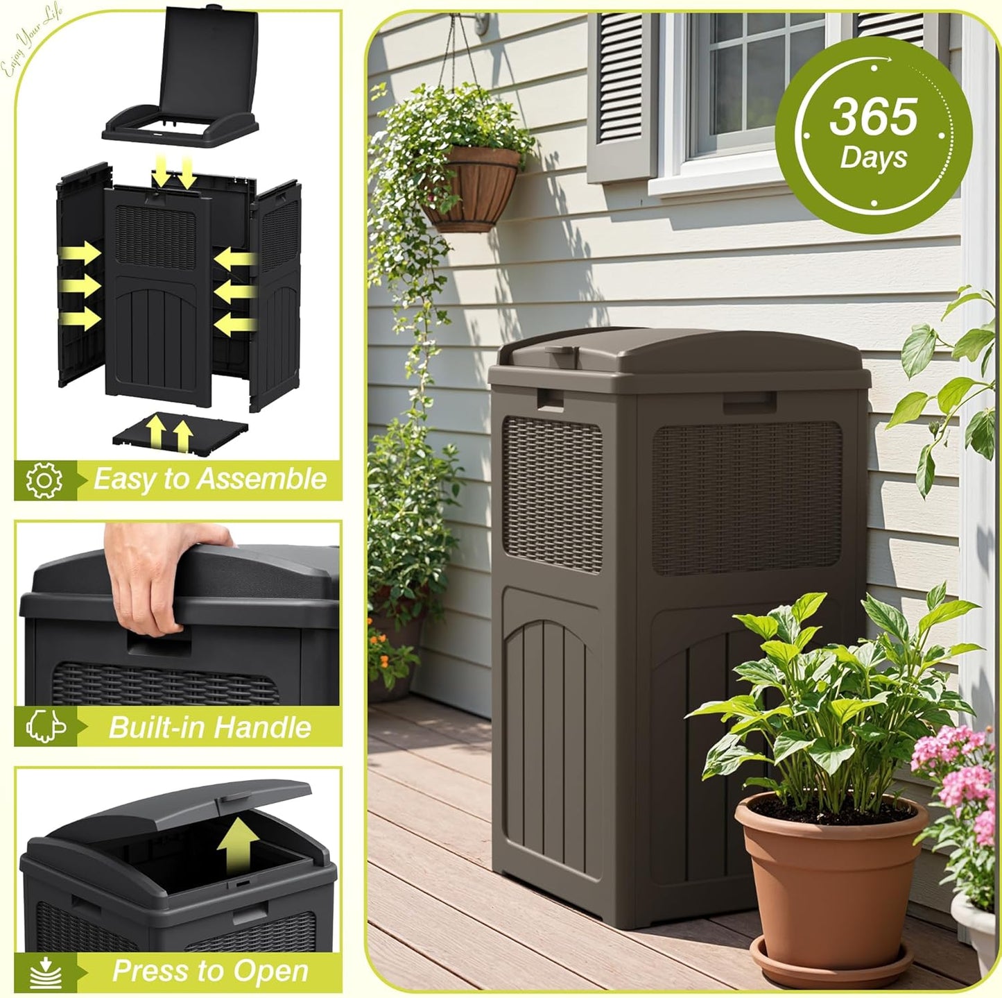 Greesum 33 Gallon Outdoor Trash Can with Lid, Waterproof Resin Garbage Bin for Hideaway, Deck
