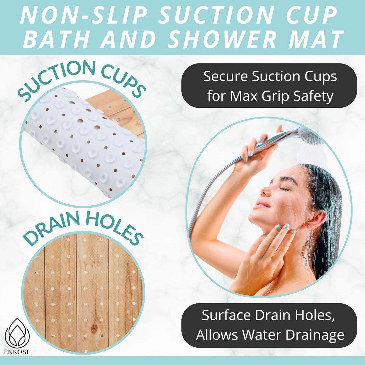 ENKOSI Bath Mat – PVC Large 40 x 16 Inch Non-Slip Bathtub Mat with Secure Suction Cup Grip & Drain