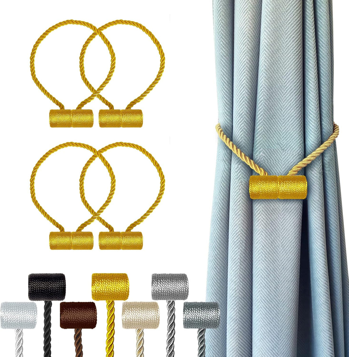 Hion Magnetic Curtain Tiebacks Golden 4 Pack, Curtain Tiebacks Buckles Holdbacks Holders Hooks Clip