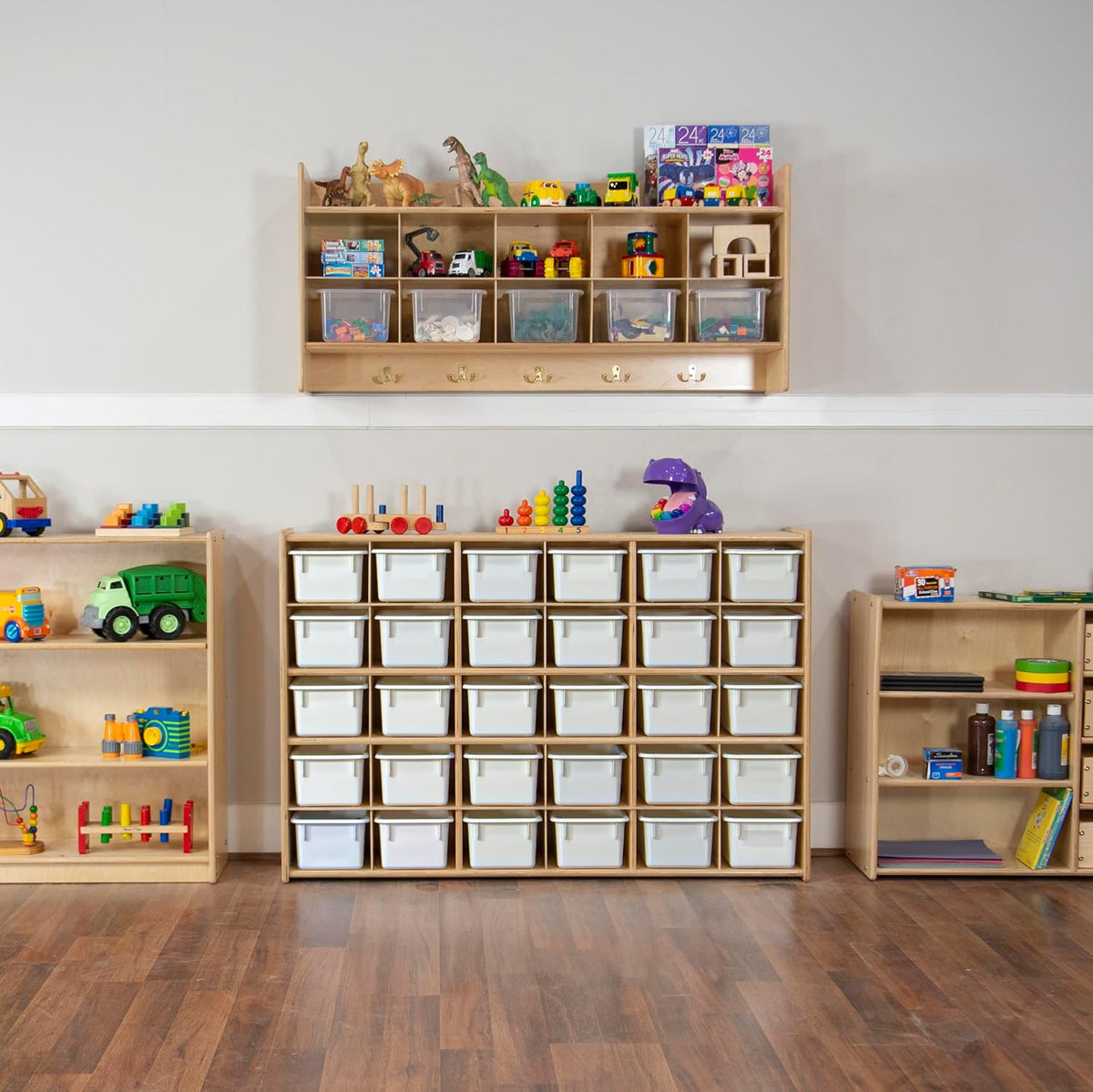 Wood Designs Cubby Storage Bin, Heavy Duty Plastic Containers for Kids White Cubby Tray Set of 20