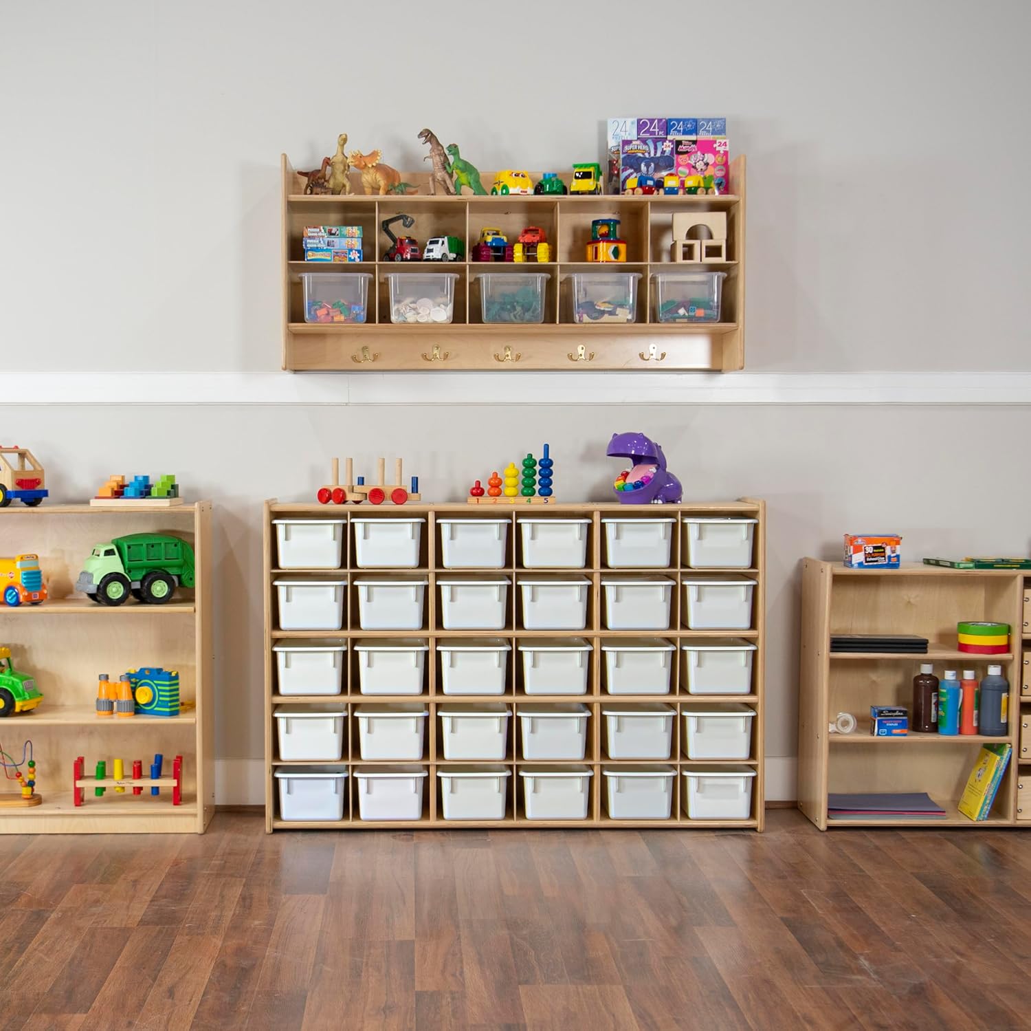 Wood Designs Cubby Storage Bin, Heavy Duty Plastic Containers for Kids White Cubby Tray Set of 25