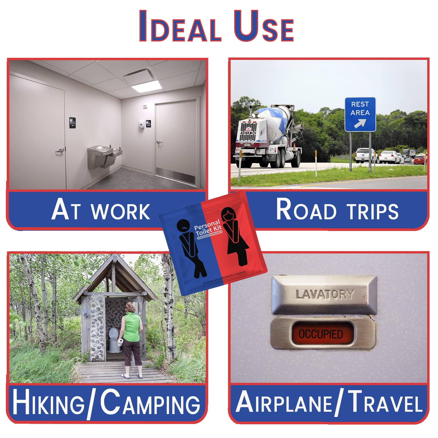 Personal Toilet Kit To Go – 10 Pack | Disposable Public Restroom Kit | Individually Wrapped for