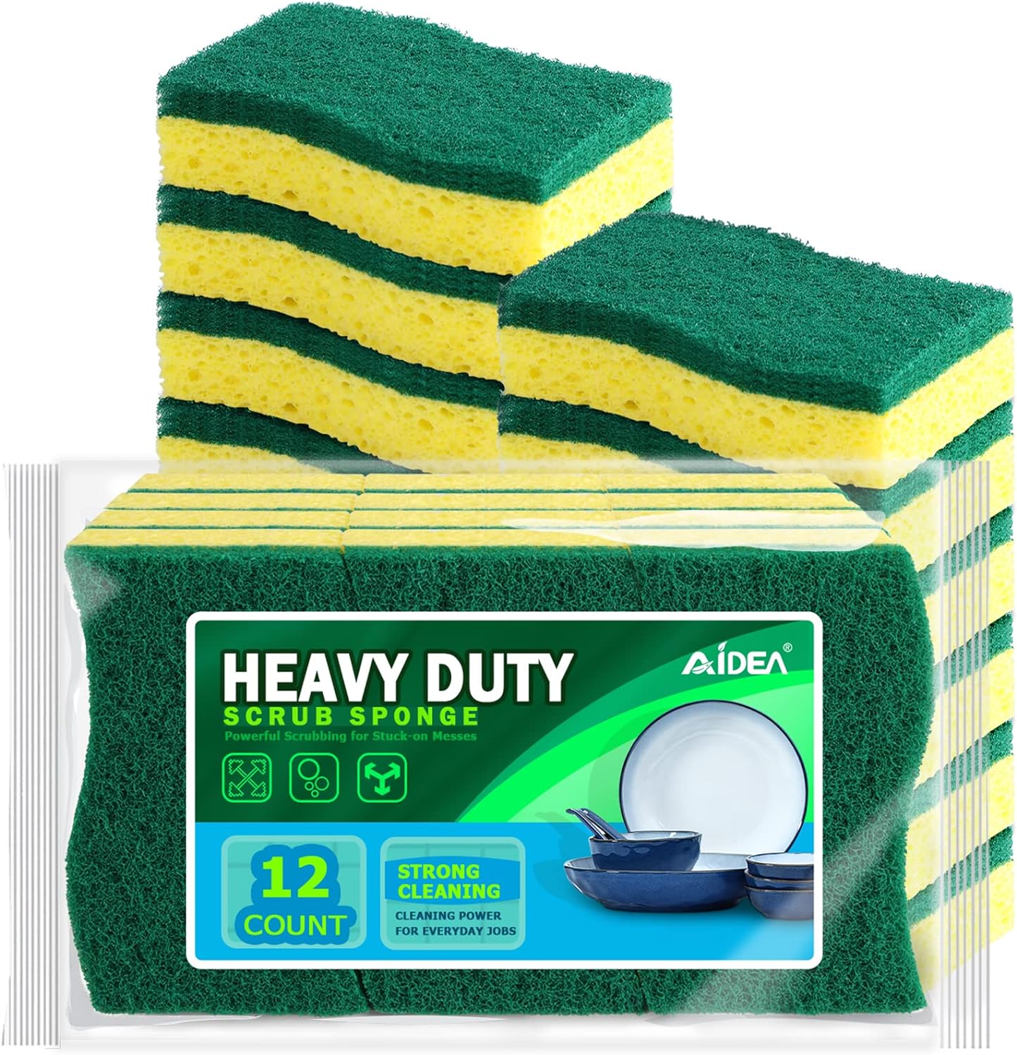 AIDEA Sponges Heavy Duty-12Count, Sponges Kitchen, Sponge for Dishes, Scrubbing Power for Tough