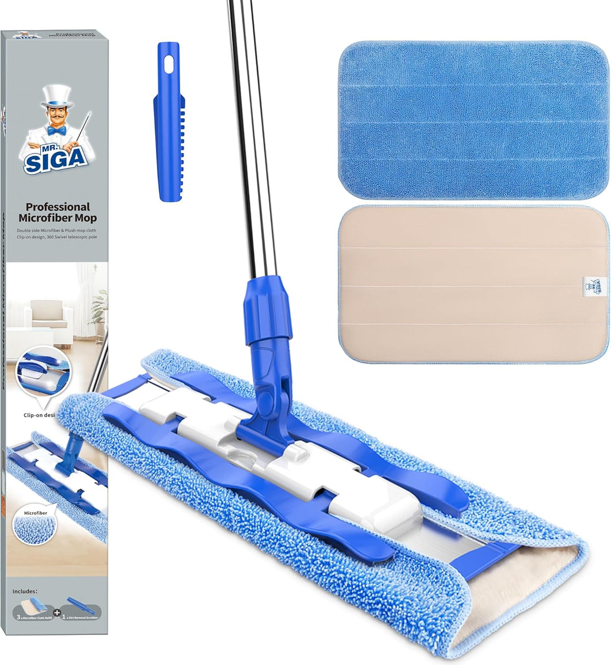MR.SIGA Professional Microfiber Mop for Hardwood, Laminate, Tile Floor Cleaning, Stainless Steel