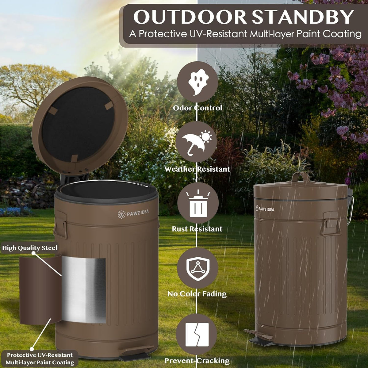 PAWZIDEA Dog Poop Trash Can Outside Odor Control, 3.1Gallon Pet Waste Trash Can Outdoor Waterproof