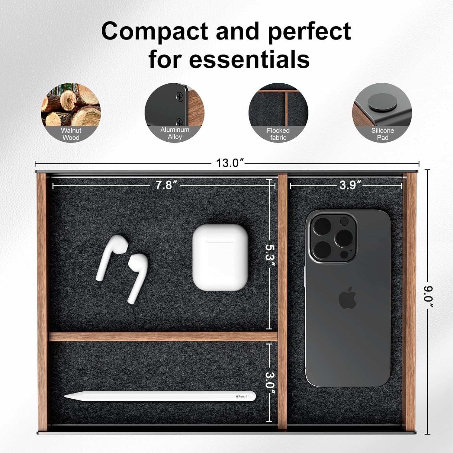 UPERGO Desk Drawer Organizer Tray, Mens Valet Made of Aluminum and Walnut, Aesthetic Desk