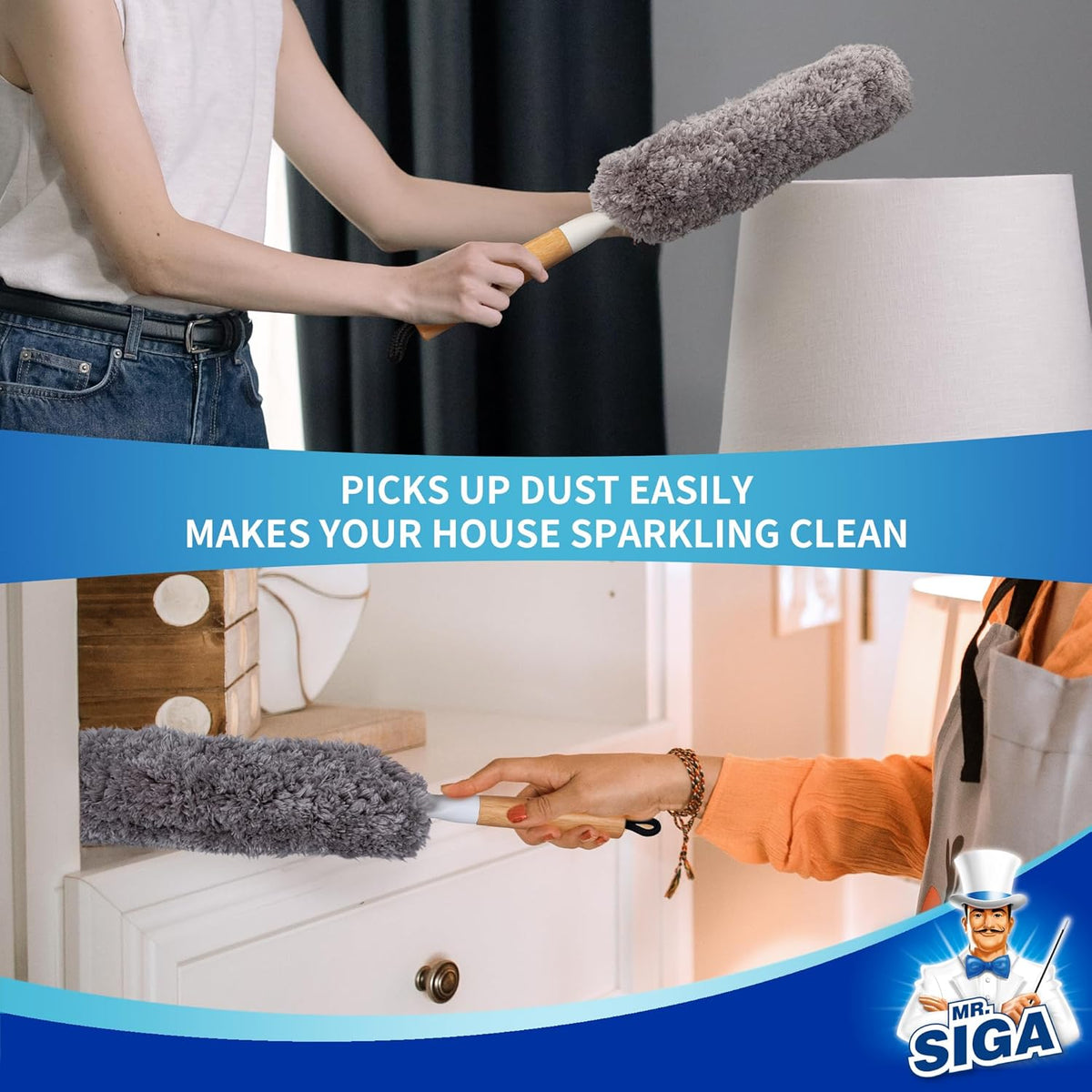 MR.SIGA Lint Free Microfiber Duster, Washable and Reusable Duster with Bamboo Handle and