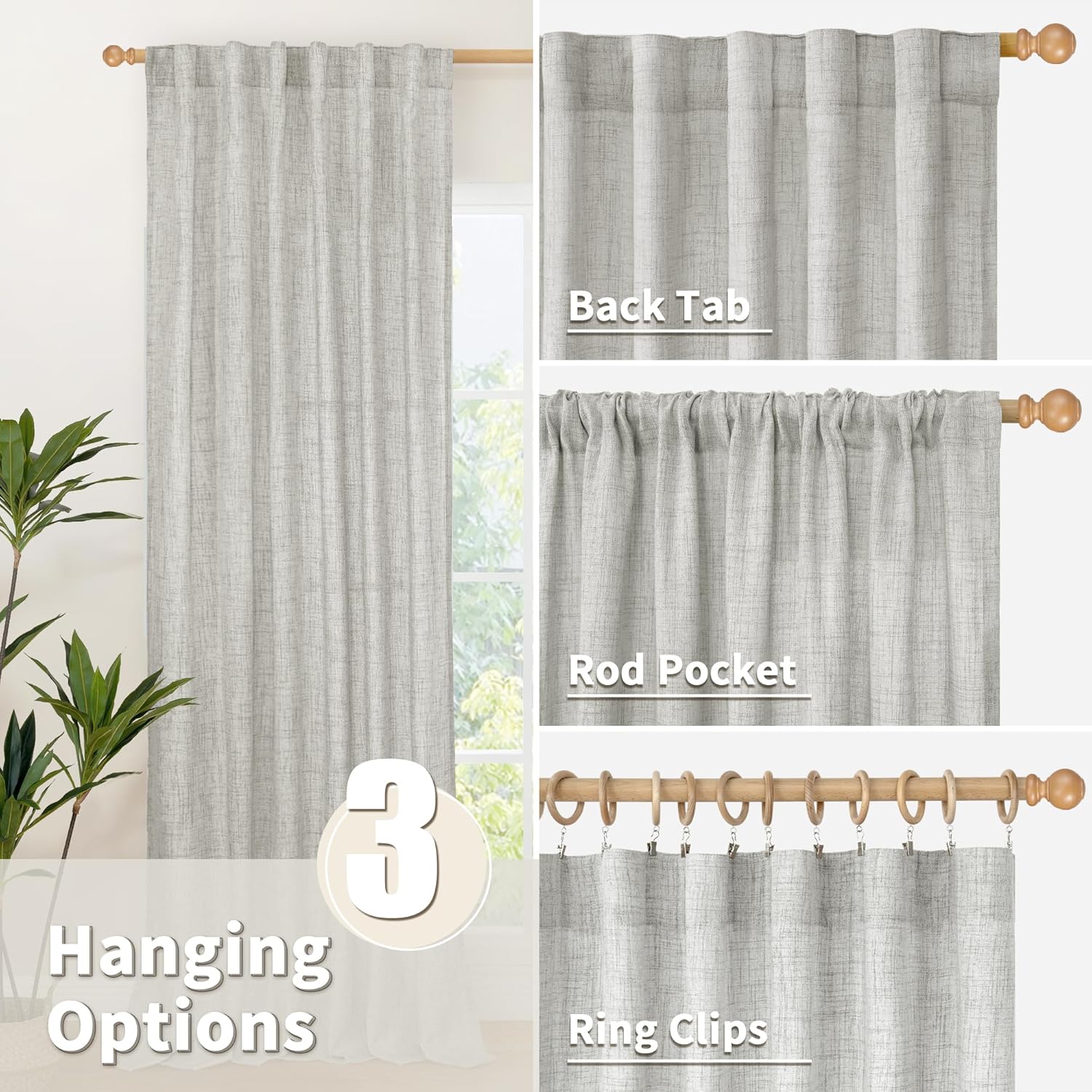 YoungsTex Light Grey Cafe Curtains 36 Inch Length for Short Window, Linen Small Drapes with Rod