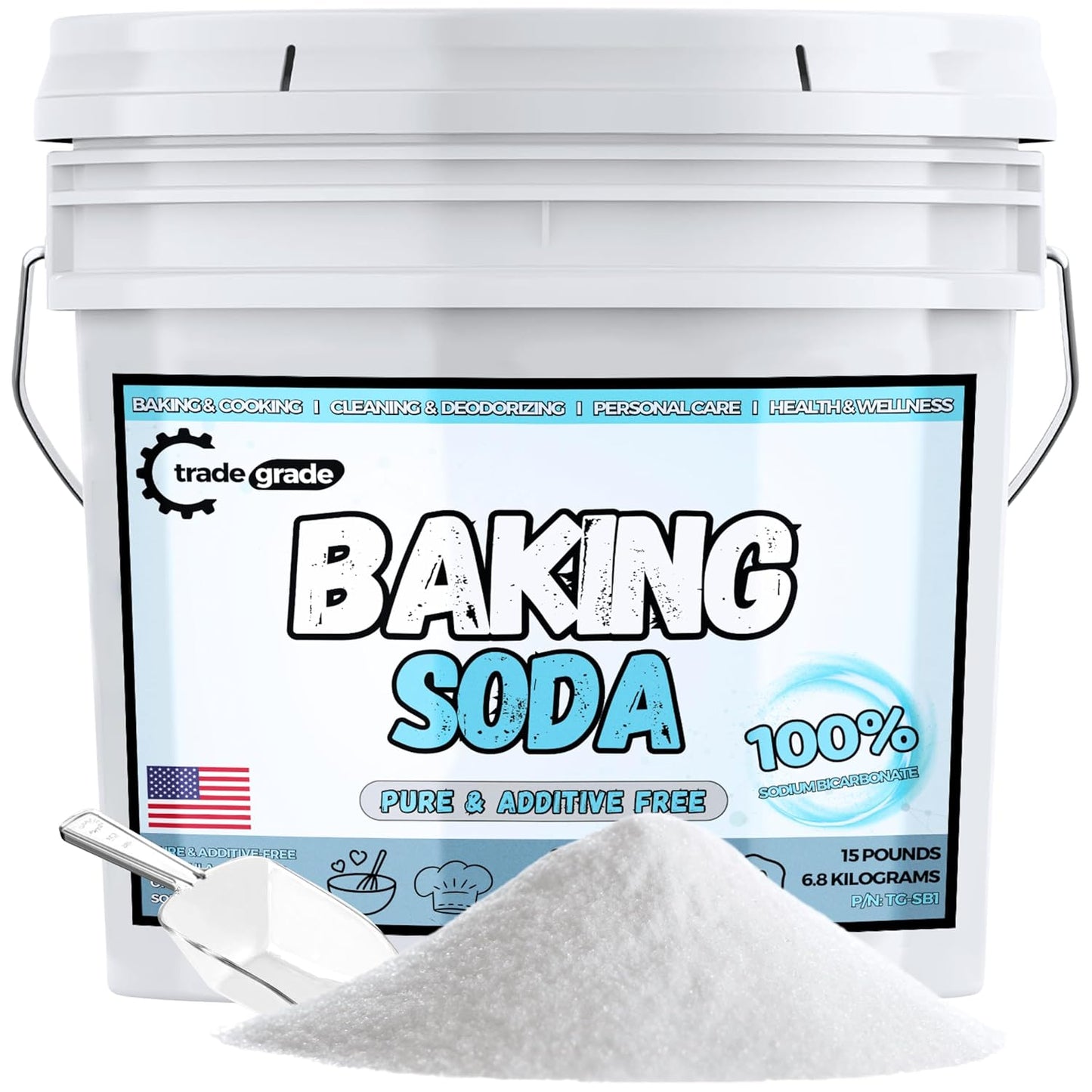 TradeGrade Pure Baking Soda Powder – 15 lb Bucket, Sodium Bicarbonate Powder | Premium Food-Grade