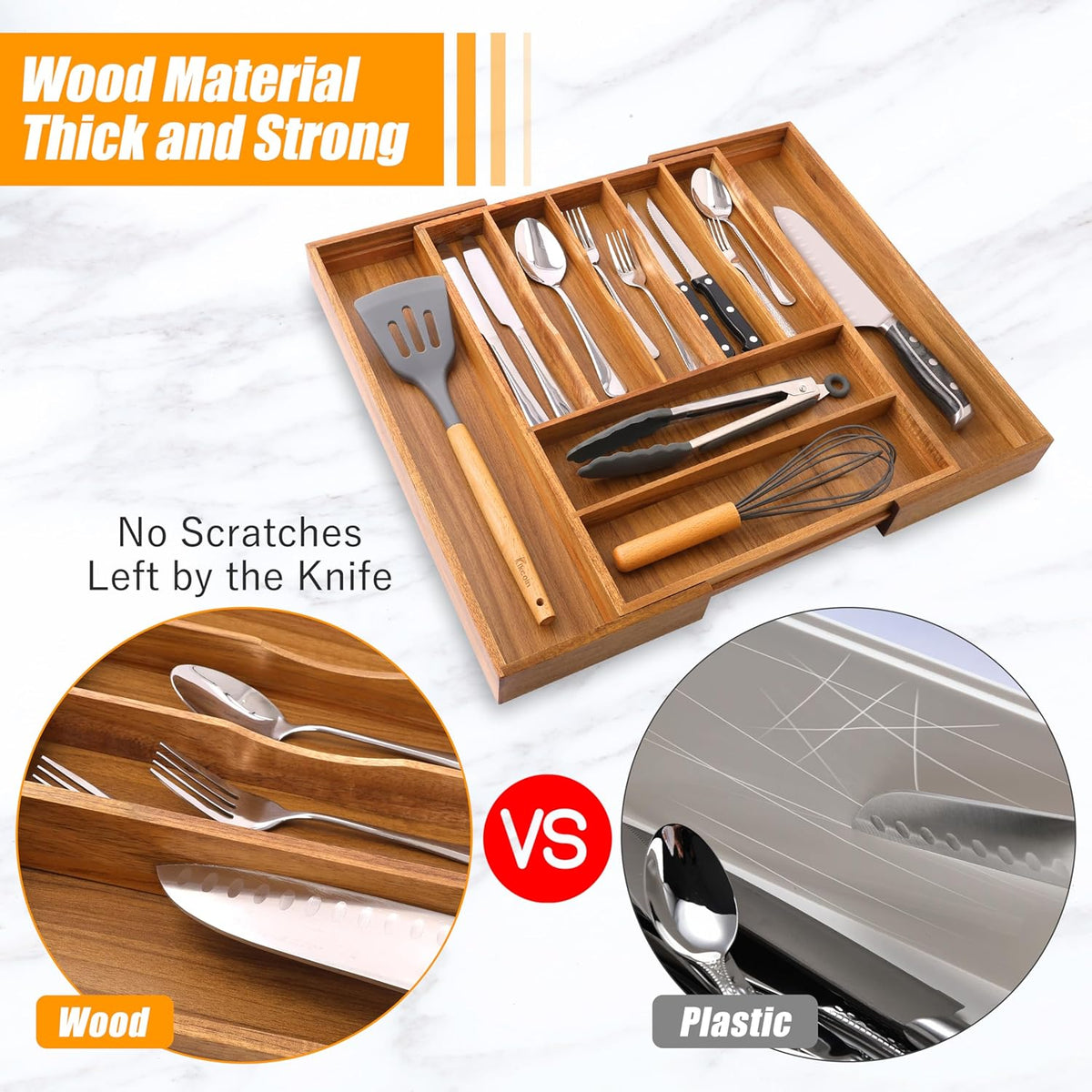 Bellsal Large Premium Acacia Wood Silverware Organizer - Expandable Utensil Drawer Organizer