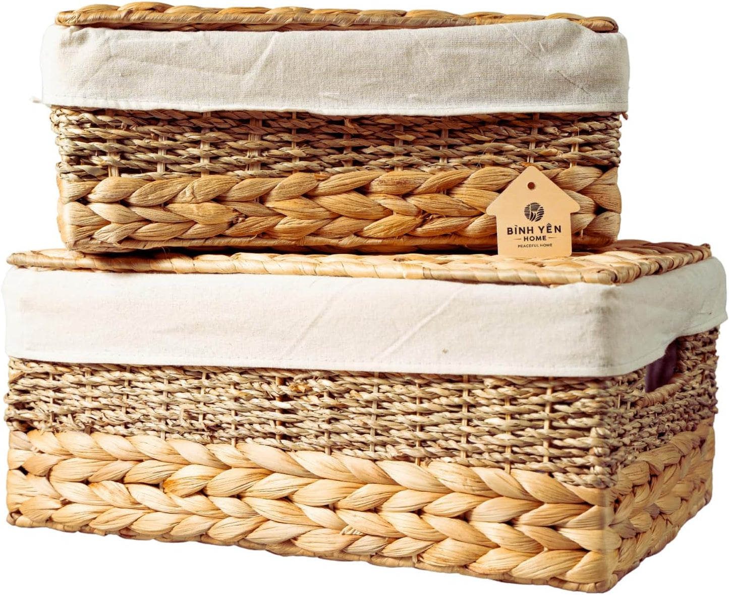 Wicker Storage Baskets with Lid and Lining, Built-in Carry Handles, Set of 2 Handwoven Water