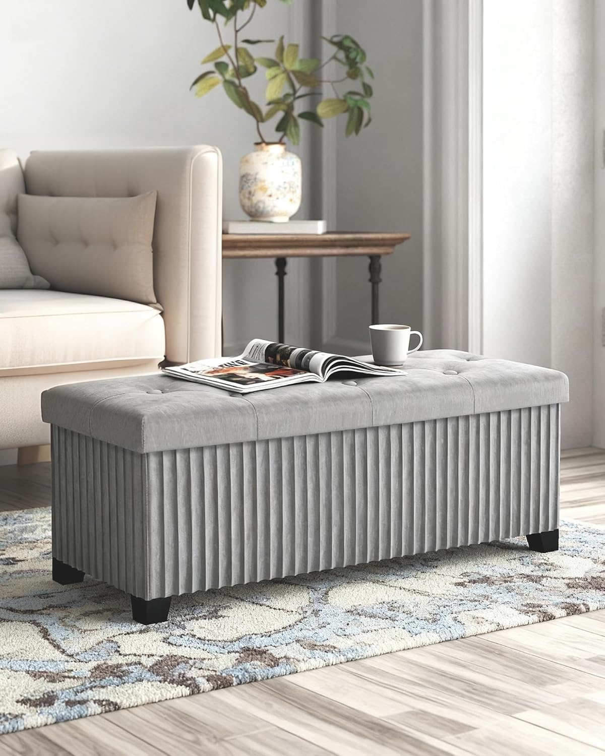 Storage Ottoman Bench, 43 Inch Foldable Ottoman with Legs, Velvet Foot Rest Stool, End of Bed