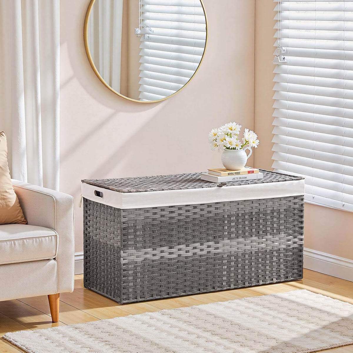 HOOBRO Storage Basket with Lid, 52.8 Gallon (200L) Wicker Basket, Handwoven Blanket Storage Basket