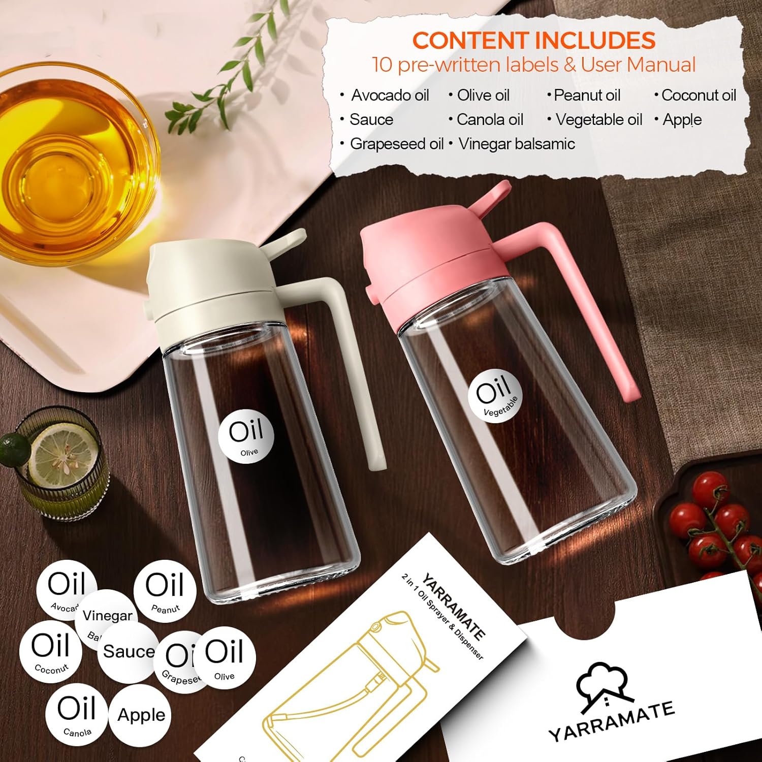 YARRAMATE 16oz/470ml Oil Sprayer for Cooking with Stickers, Food-grade Premium 2 in 1 Olive Oil
