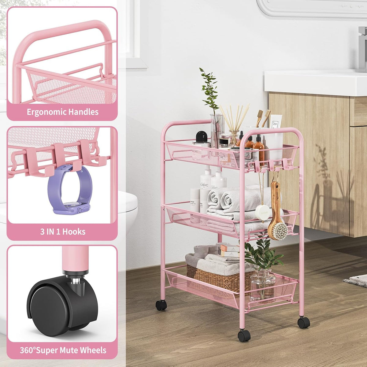 TOOLF 3 Tier Rolling Utility Cart - Durable Metal Design Pink Utility Cart, Storage Trolley on