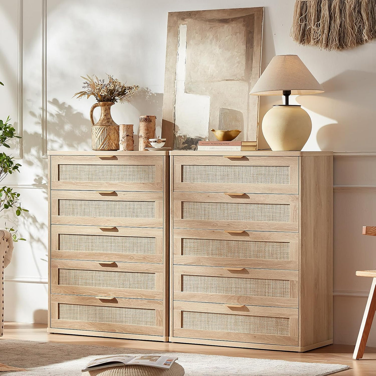 LEYAOYAO Rattan Dresser for Bedroom, 41" Tall Chest of Drawers, Modern 5 Drawers Boho Dressers with