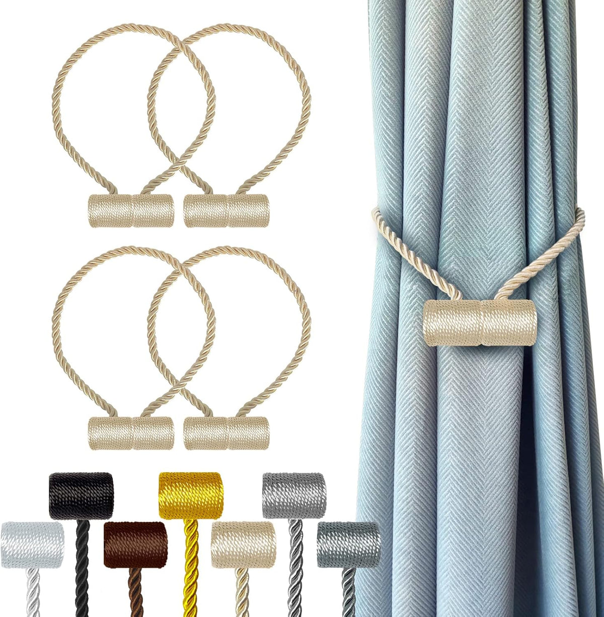 Hion Magnetic Curtain Tiebacks Beige 4 Pack, Curtain Tiebacks Buckles Holdbacks Holders Hooks Clip