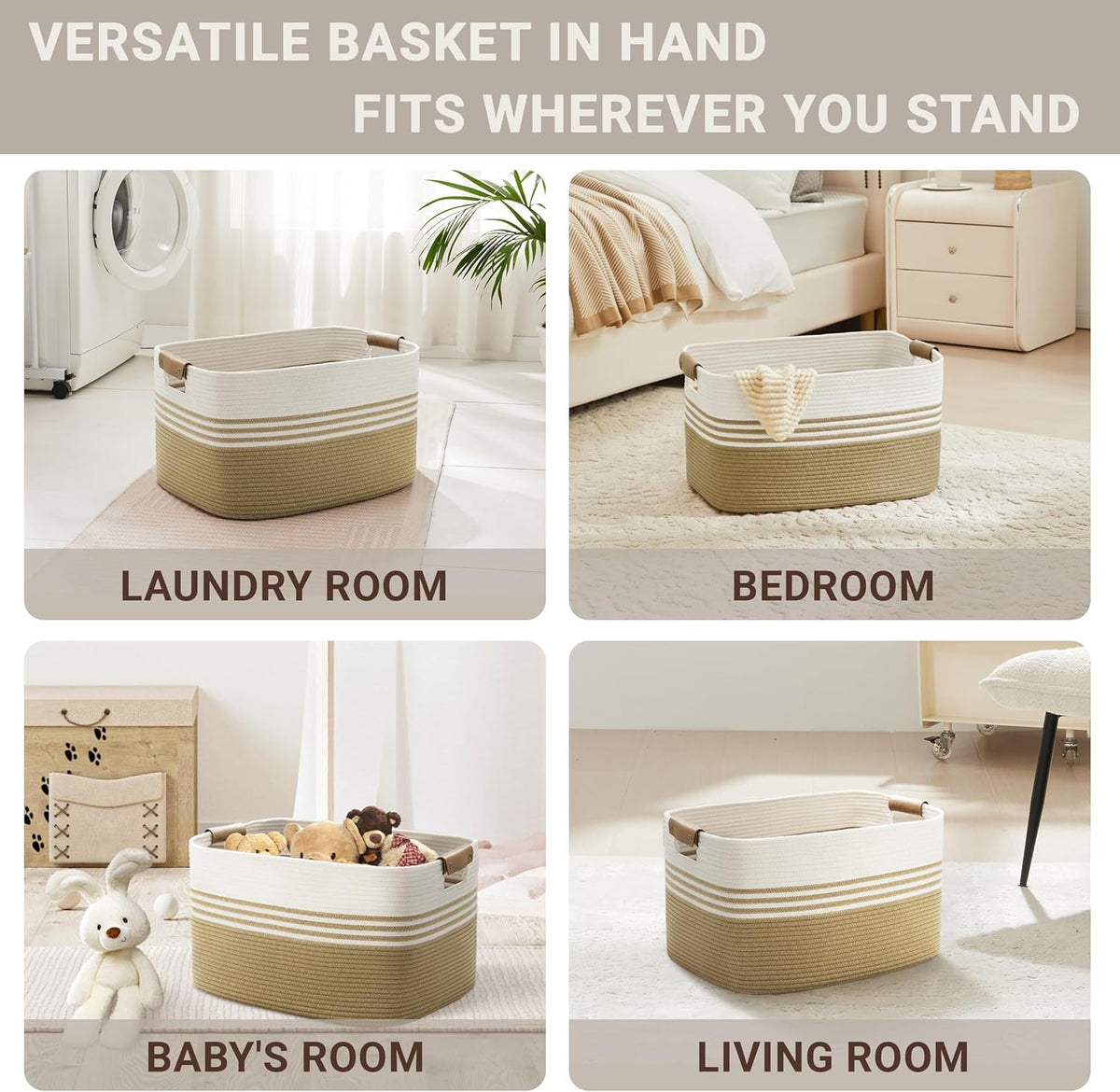 45L Small Laundry Basket with Leather Handles for Living Room Storage, Woven Rope Baskets Bin for